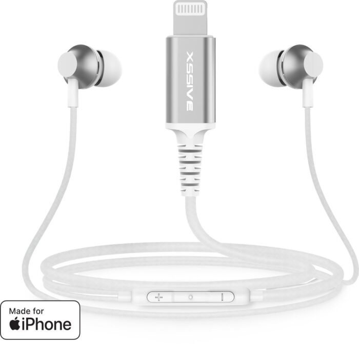 Oortjes met draad Lightning - Geschikt voor Apple iPhone 14 Pro Max en ouder - Gevlochten kabel - Ingebouwde afstandsbediening - Oordopjes met microfoon - Rubberen Oortips - Wit