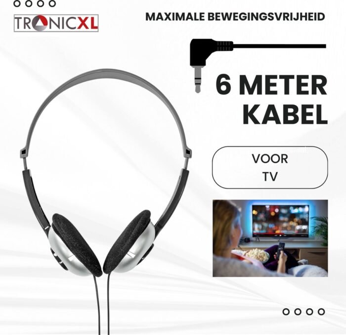 TronicXL TV hoofdtelefoon met 6m lange kabel - hoofdband stereo koptelefoon - jack plug 3,5mm - Perfect als televisie-hoofdtelefoon, ook voor senioren