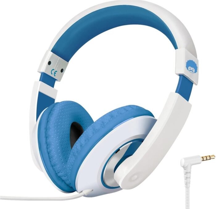 StayPowered Kinderkoptelefoon - Perfect Geluid & Ultiem Comfort - Verstelbaar - HD Microfoon - Kraakhelder Stereo - Zachte Oorkussens - Duurzame Kabel - 3.5mm Jack - Wit/Blauw - Levering Sneller dan Aangegeven!