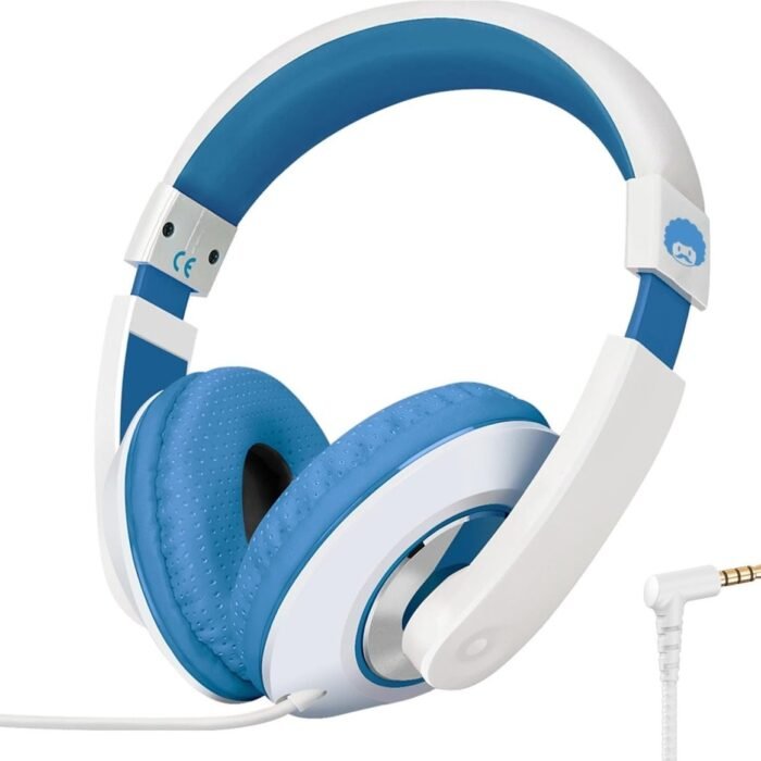 StayPowered Kinderkoptelefoon - Perfect Geluid & Ultiem Comfort - Verstelbaar - HD Microfoon - Kraakhelder Stereo - Zachte Oorkussens - Duurzame Kabel - 3.5mm Jack - Wit/Blauw - Levering Sneller dan Aangegeven!