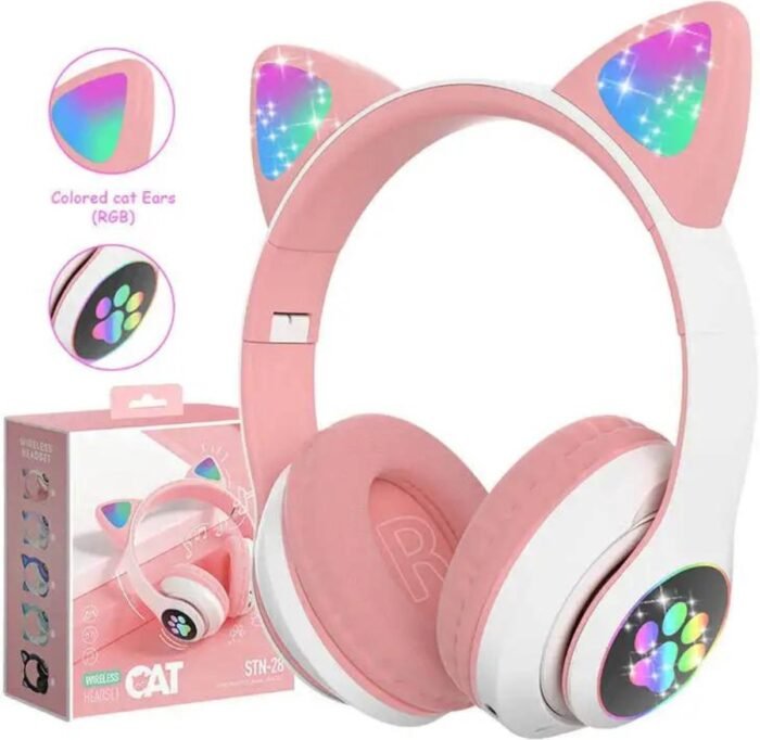 Kinder Hoofdtelefoon-Draadloze Koptelefoon-Kids Headset-Over Ear-Bluetooth-Microfoon-Katten Oortjes-Led Verlichting-Roze