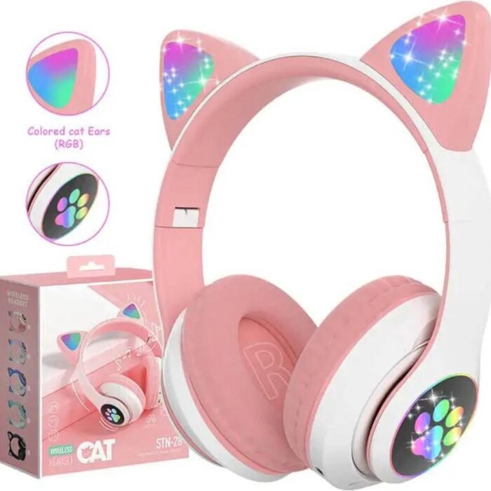 Kinder Hoofdtelefoon-Draadloze Koptelefoon-Kids Headset-Over Ear-Bluetooth-Microfoon-Katten Oortjes-Led Verlichting-Roze