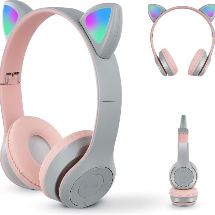 StayPowered Kinderhoofdtelefoon - Perfect voor Muziek en Gaming - LED Kattenoren - Draadloos - Verstelbaar en Opvouwbaar - Zachte Oorkussens - Ingebouwde Microfoon - Geschikt voor Kinderen - Grijs/Roze - Levering Sneller dan Aangegeven!