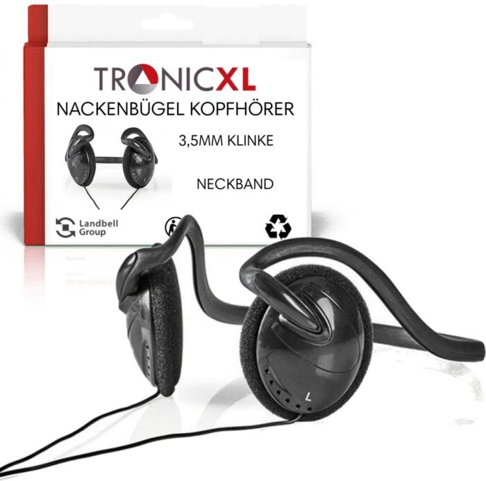 TronicXL Ultralichte On-Ear Hoofdtelefoon met Nekbeugel | Ergonomisch Design | 3,5 mm Stekker | Perfect voor Sport en Joggen | Comfortabele Oorkussens I 2,1 m Kabel