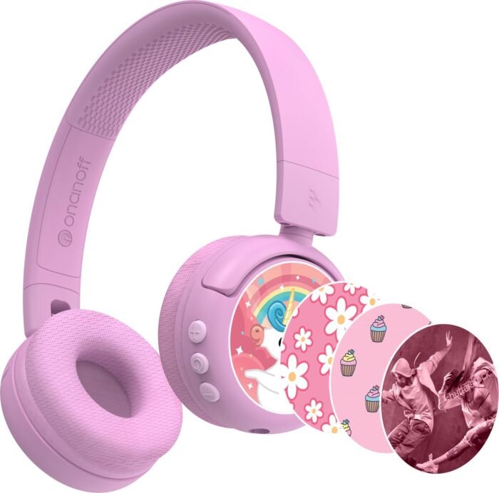 BuddyPhones PopFun Koptelefoon Kinderen - Kinder Koptelefoon Draadloos – Volumelimiet 84/95 dB – 24 uur batterijduur – Bluetooth Hoofdtelefoon - Ingebouwde microfoon - Inclusief Leuke Stickers - Roze