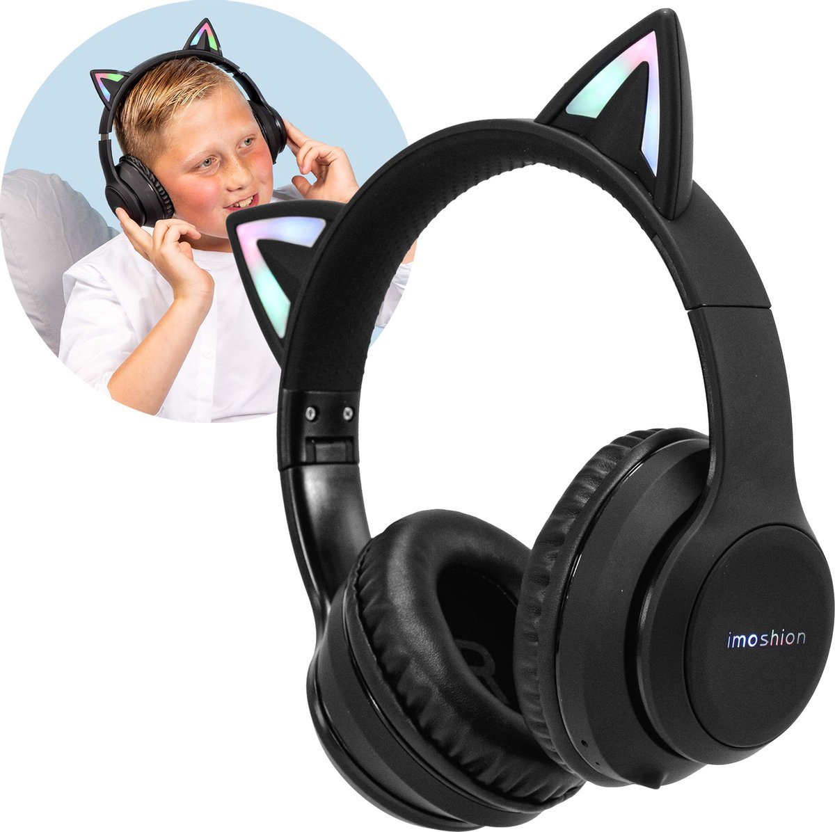 imoshion Kinder Koptelefoon met Kattenoortjes - Bluetooth Koptelefoon Kinderen - Draadloze Over-Ear Hoofdtelefoon - Zwart