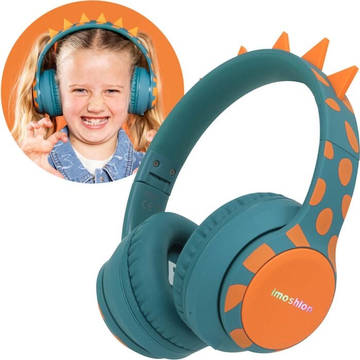 imoshion Kinder Koptelefoon Dino - Met Decibelbegrenzer - Bluetooth Koptelefoon Kinderen - Draadloze Over-Ear Hoofdtelefoon - Petrol Green / Orange