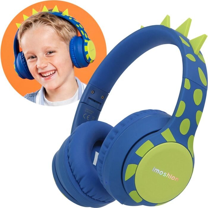 imoshion Kinder Koptelefoon Dino - Met Decibelbegrenzer - Bluetooth Koptelefoon Kinderen - Draadloze Over-Ear Hoofdtelefoon - Cobalt Blue / Lime