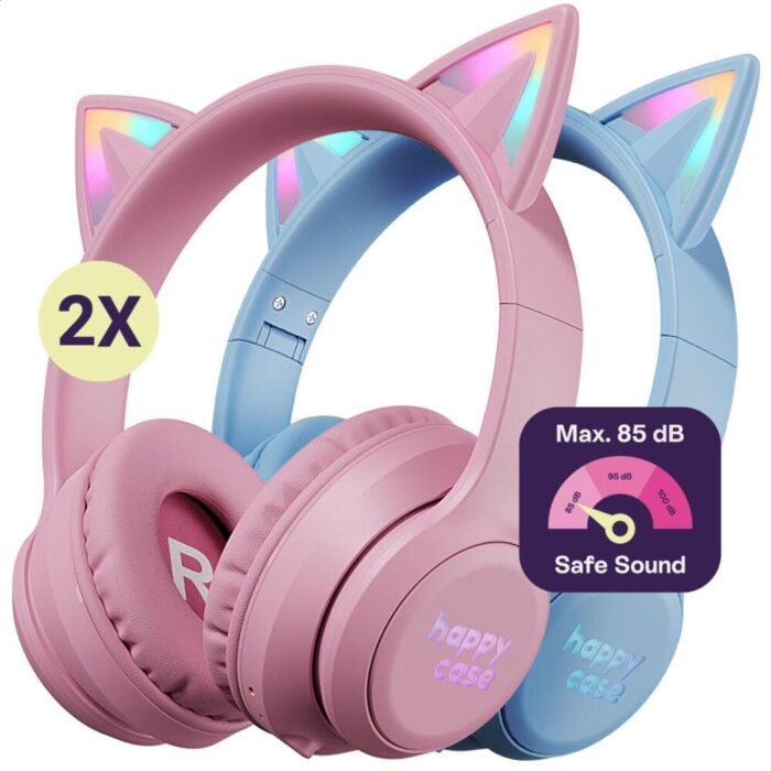 HappyCase Popz - Duo Pack Kinder Koptelefoon Draadloos - Kattenoortjes - Koptelefoon Voor Kinderen - Ledverlichting - Ingebouwde Microfoon - Over-Ear - 85db volumebregrenzer - Bluetooth - Blauw & Roze