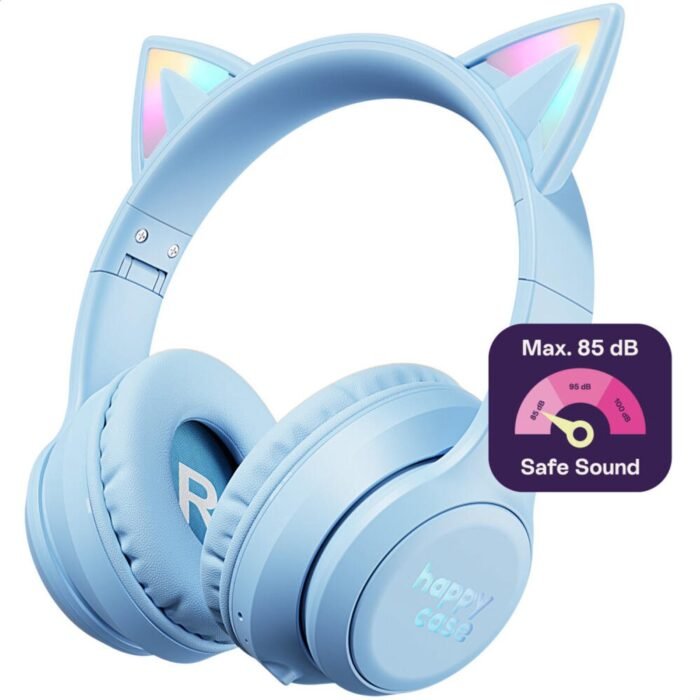 HappyCase Kinder Koptelefoon met Kattenoortjes - veilige volumebregrenzer - Bluetooth Koptelefoon Voor Kinderen - Ledverlichting - Over-Ear Hoofdtelefoon - Geluiddempend - Blauw
