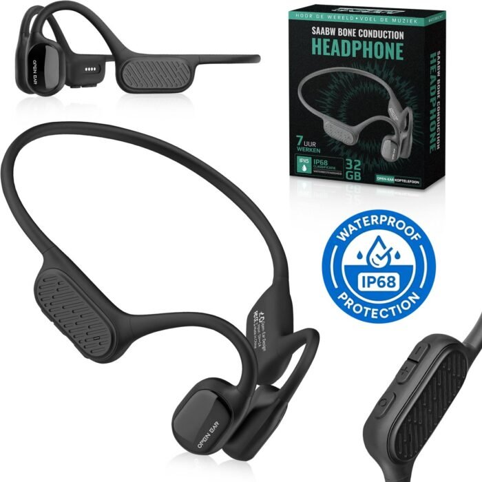 Saabw Bone conduction Headphone Premium - Sport Oordopjes - Draadloze Oordopjes - Sport Koptelefoon - Oordopjes met licht - 32GB Interne geheugenkaart - Waterbestendig - Zwart