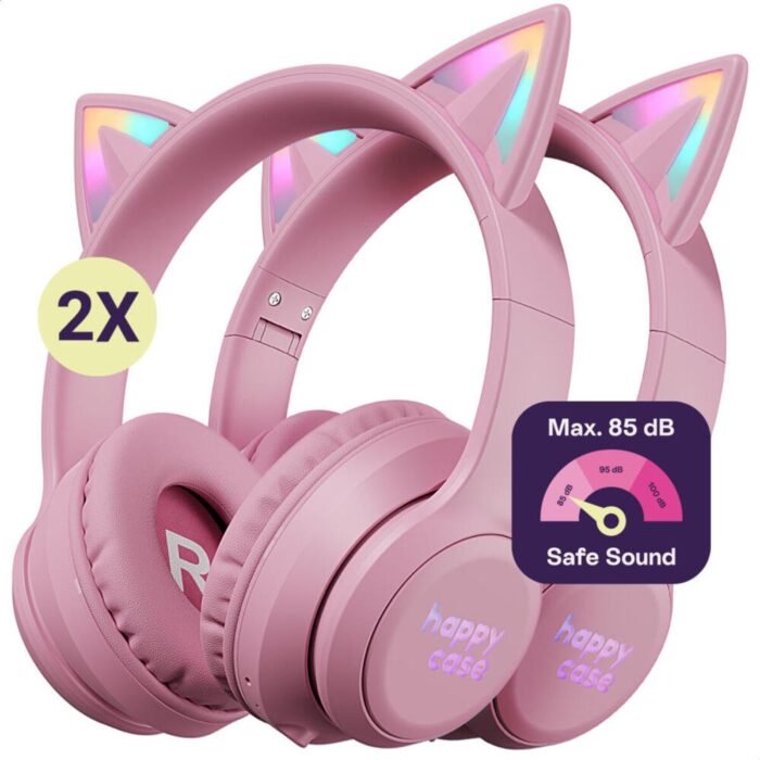 HappyCase Popz - Duo Pack Kinder Koptelefoon Draadloos - Kattenoortjes - Koptelefoon Voor Kinderen - Ledverlichting - Ingebouwde Microfoon - Over-Ear - 85db volumebregrenzer - Bluetooth - Roze