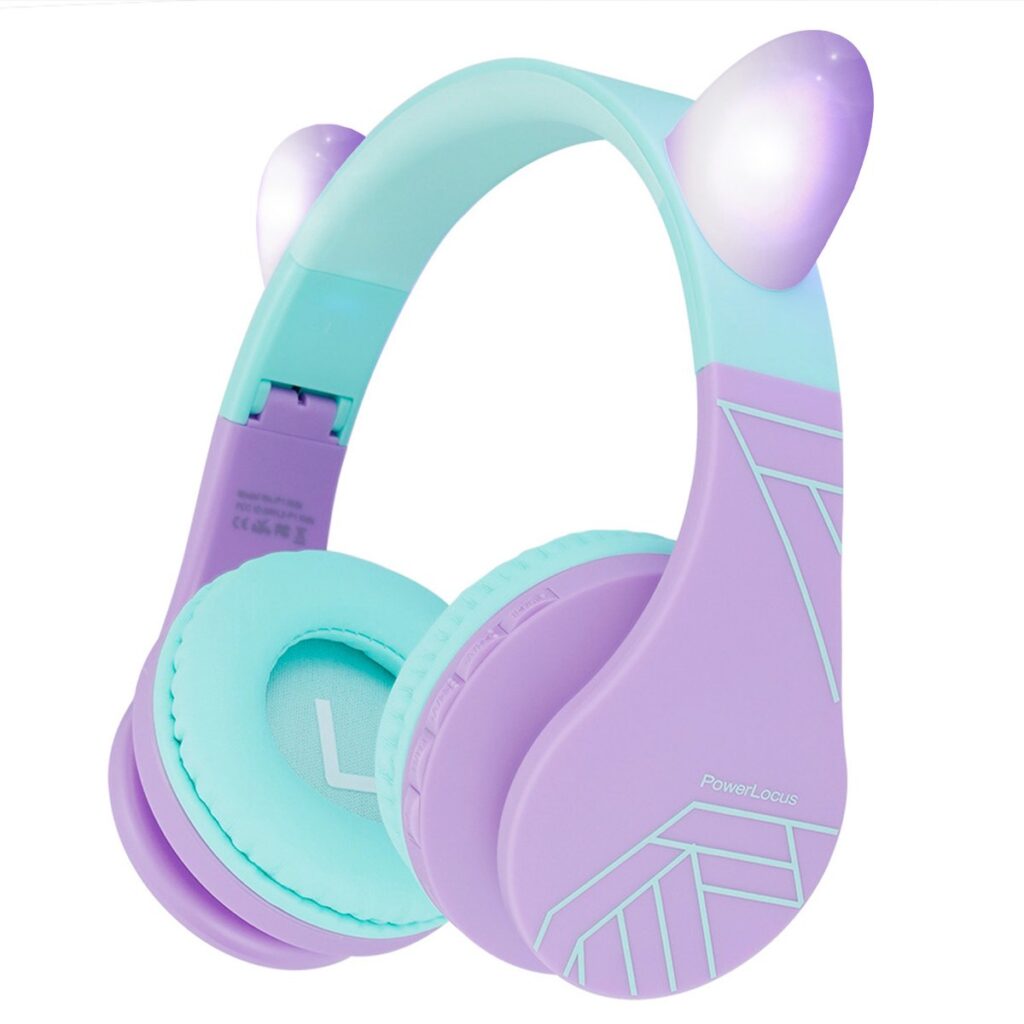 PowerLocus P1 Kids Kinder Koptelefoon Draadloos - Koptelefoon voor kinderen met LED Verlichting - Veilig volume van 85 dB - Bluetooth Hoofdtelefoon - Met microfoon - incl. Premium Case - Paars/Groen