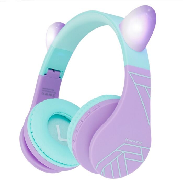 PowerLocus P1 Kids Kinder Koptelefoon Draadloos - Koptelefoon voor kinderen met LED Verlichting - Veilig volume van 85 dB - Bluetooth Hoofdtelefoon - Met microfoon - incl. Premium Case - Paars/Groen