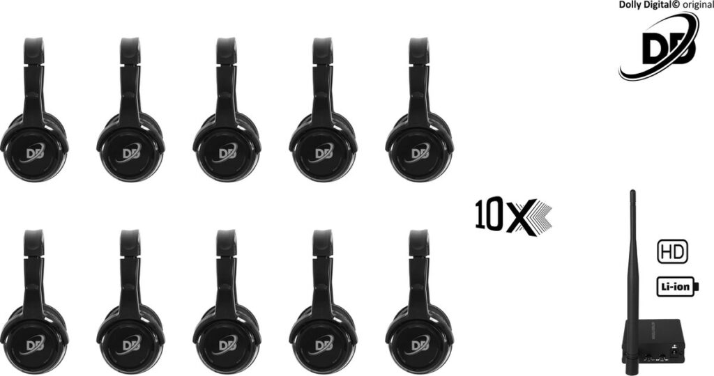 Silent Disco 10 headsets en oplaadbare zender T70 | Origineel Dolly Digital©