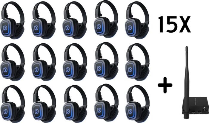 Silent Disco Pro Box 15| 15 HiFi Headsets FD-Pro, oplaadbare zender T70, Storage Box | DOLLY DIGITAL©