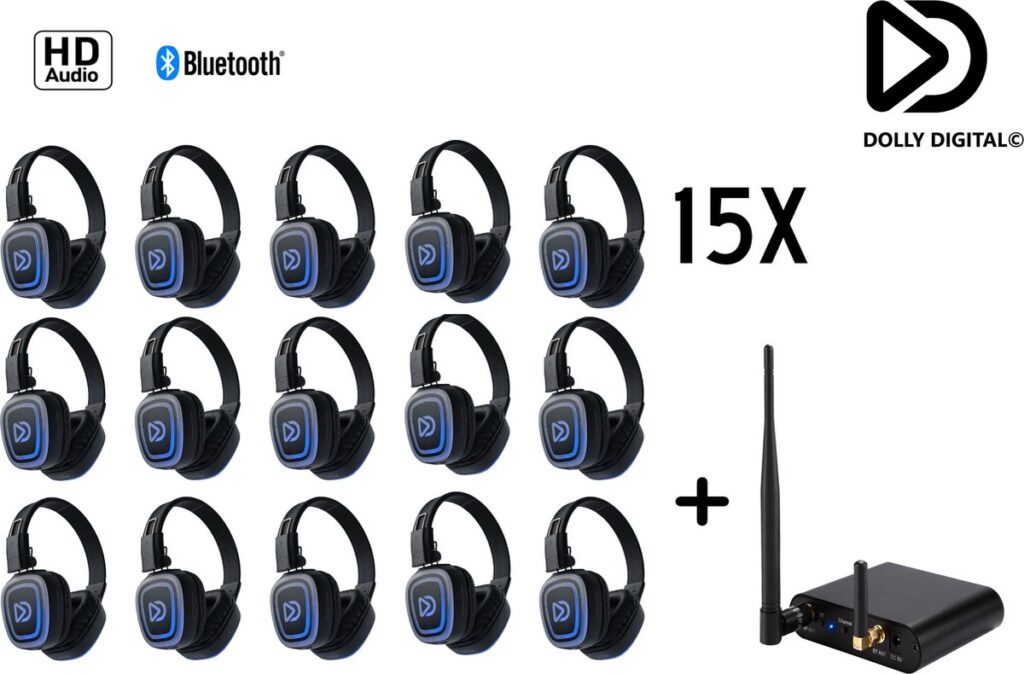 Silent Disco Pro Box 15 +Bluetooth | 15 HiFi Headsets FD, Bluetooth zender T80-Pro, Storage Box | DOLLY DIGITAL©