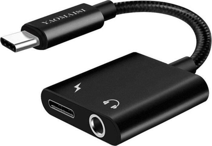 YAOMAISI Q17 12 cm 2,4 A-uitgang 3,5 mm vrouwelijk + USB-C / Type-C vrouwelijk naar USB-C / Type-C mannelijk opladen + audio-adapter, voor Galaxy S8 & S8 + / LG G6 / Huawei P10 & P10 Plus / Oneplus 5 / Xiaomi Mi6 & Max 2 en andere smartphones (zwart)