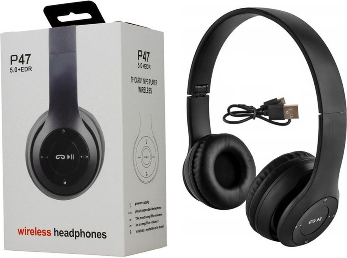 Draadloze hoofdtelefoon - p47 - bluetooth - microfoon - Handsfree - mp3 - bellen - zwart