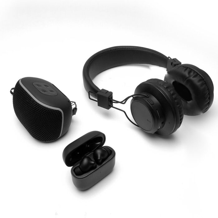 LEDWOOD LD-PAK3-HG-BT-BLK - HAPPY GEEK gift set met speaker, in-earphones én hoofdtelefoon, zwart