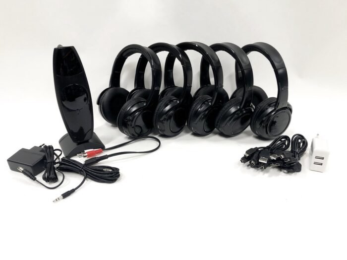 Silent Disco Starterspakket 5 - met 5 oplaadbare koptelefoons, 1 zender en oplaadkabels