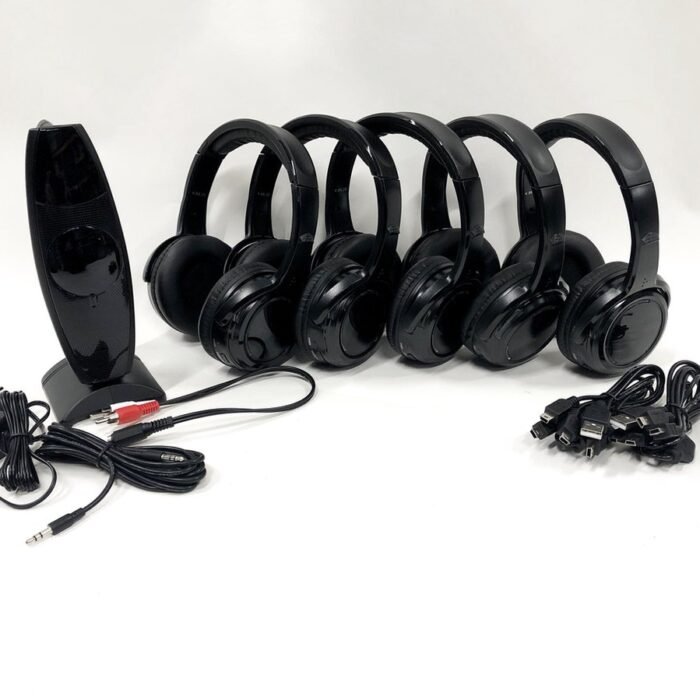 Silent Disco Starterspakket 5 - met 5 oplaadbare koptelefoons, 1 zender en oplaadkabels