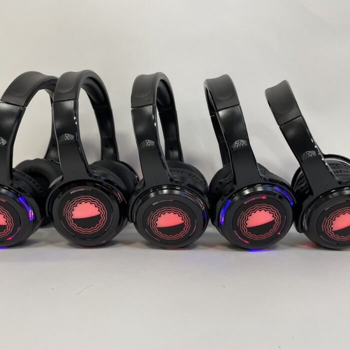 Silent Disco Starterspakket 5 - met 5 oplaadbare koptelefoons (SDH41), 1 zender en oplaadkabels