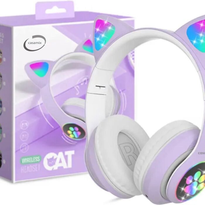 Casamix Kinder hoofdtelefoon - kattenoortjes PAARS- NL handleiding-cat headphones- Draadloze koptelefoon Bluetooth met led-Koptelefoon voor Kinderen - Met Led Kat Oortjes | met verlichting poot- Kat oor Koptelefoon draadloze Bluetooth met flitslicht.