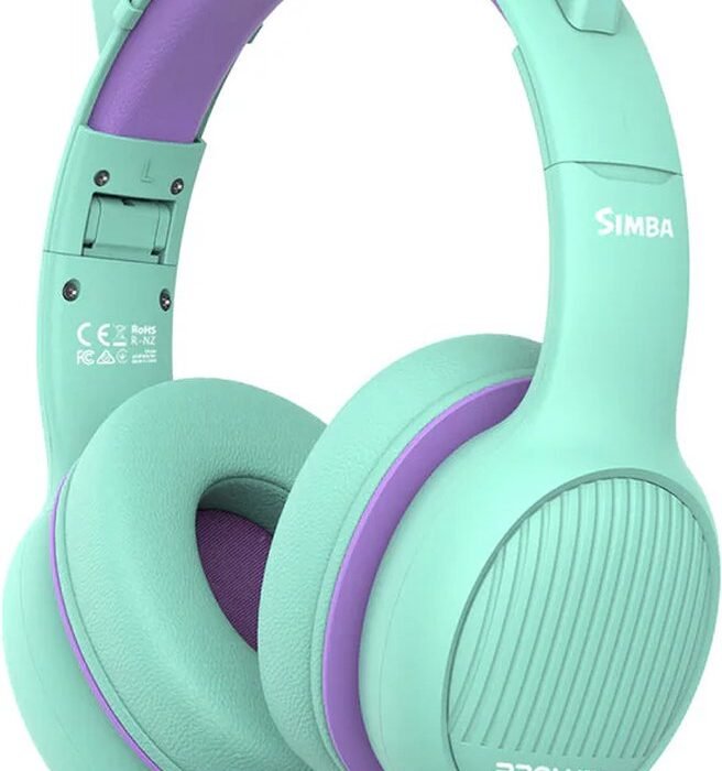 ProMate® Kinderhoofdtelefoon, On-Ear Opvouwbare Bedrade Headset met Veilige Volumebegrenzing tot 85dB, 3.5mm AUX Deelpoort, 1.2m Klitvrije AUX-kabel, Afneembare Kattenoren en Zachte Oorkussens voor iPhone 13, MacBook Pro, Simba Emerald