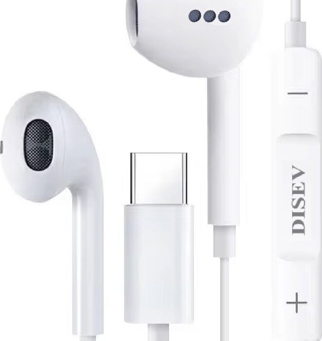 DISEV® - Oortjes met Draad - USB-C Aansluiting - In-Ear Oordopjes met Draad - Oortjes met Draad en Microfoon - 1.20M kabel - Wit