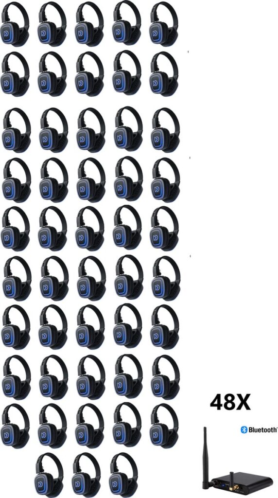48X! Silent Disco Pro Box Bluetooth | 48 HiFi Headsets FD-Pro, Oplaadbare zender T80-Pro Bluetooth, oplaadstation | DOLLY DIGITAL©