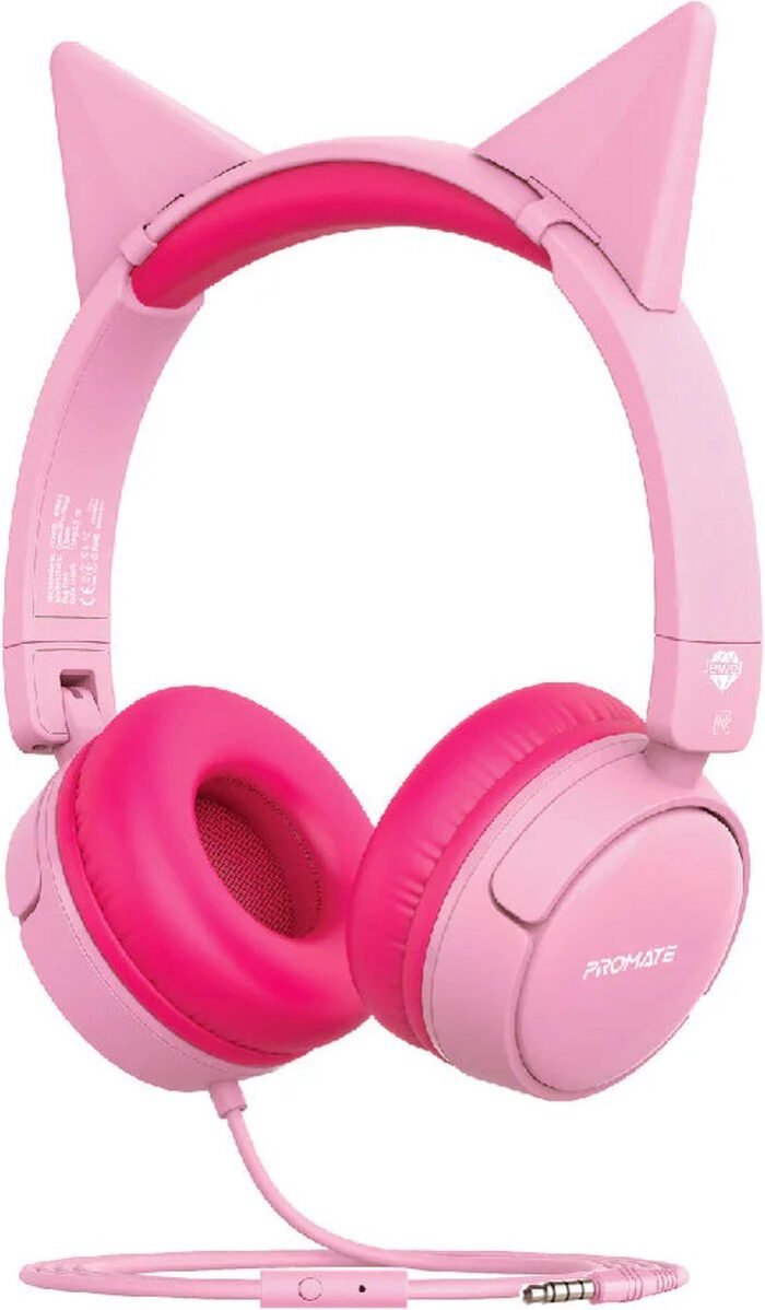 ProMate® Bedrade Kinderhoofdtelefoon, Premium Afneembare Kattenoor Kinderheadset met Microfoon, 85dB tot 95dB Geluidsregeling, AUX Deelpoort en Zachte Kussens, voor Smartphones, Laptops, Mp3-speler, Jewel BubbleGum