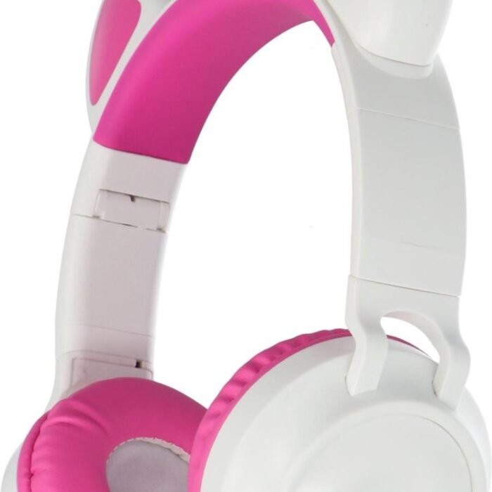 Kinder hoofdtelefoon - koptelefoon Bluetooth met led kattenoortjes miauw - wit-roze