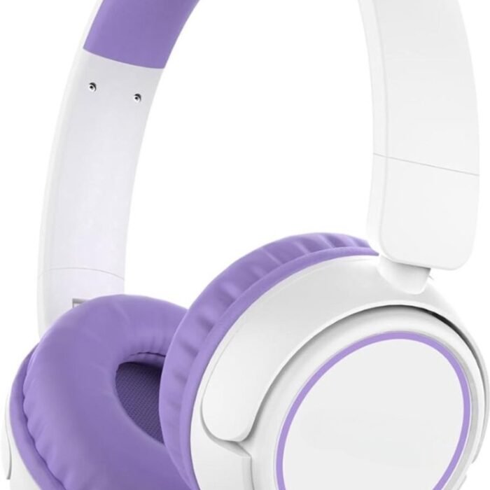 StayPowered Koptelefoon - Veilig & Comfortabel voor Kinderen - 85dB Geluidslimiet - Zacht Memory-Schuim - Ergonomisch Ontwerp - Opvouwbaar & Duurzaam - Verstrengelvrij Kabel - Universele Compatibiliteit - Wit/Paars - Levering Sneller dan Aangegeven!