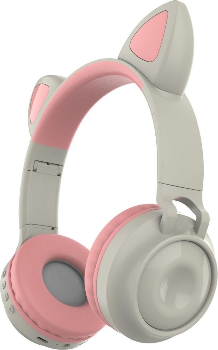 Kinder hoofdtelefoon - koptelefoon Bluetooth met led kattenoortjes miauw licht grijs - roze