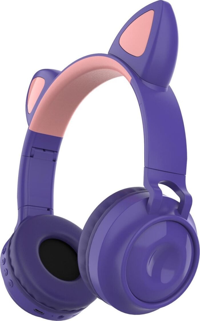Kinder hoofdtelefoon - koptelefoon Bluetooth met led kattenoortjes miauw purper