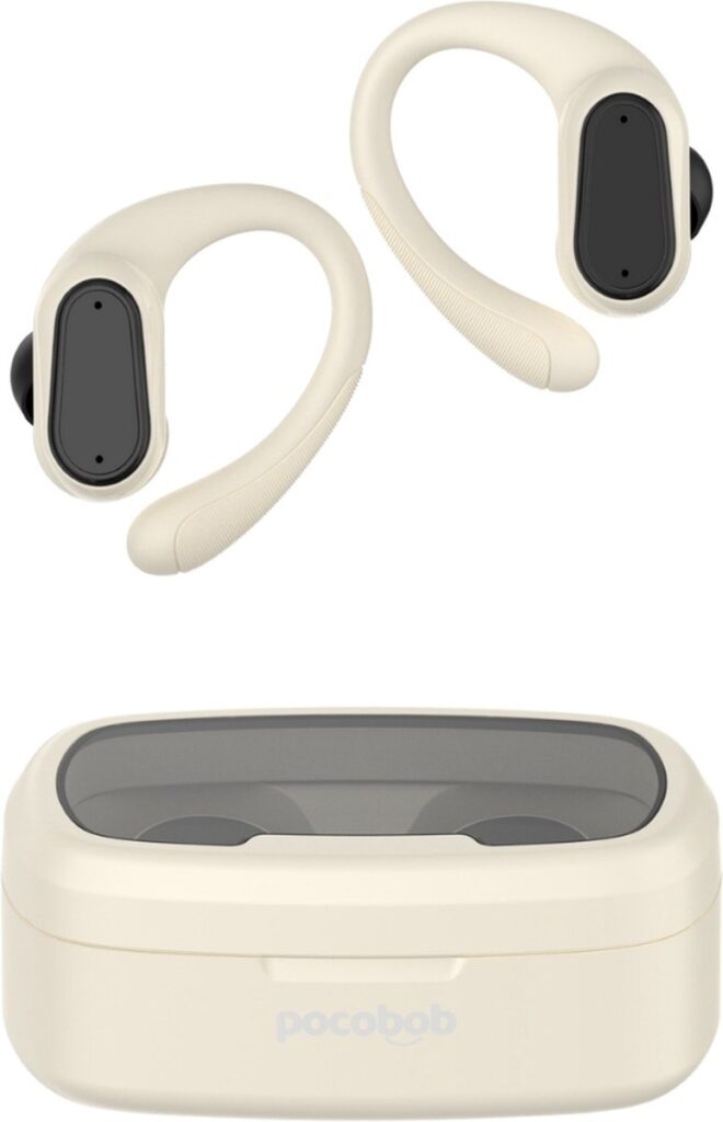 pocobob SP - draadloze sport oordopjes - Beige - hardloop oortjes met oorboog achter oor - bluetooth oordopjes hardlopen