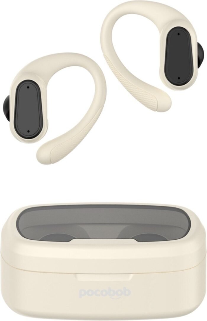 pocobob SP - draadloze sport oordopjes - Beige - hardloop oortjes met oorboog achter oor - bluetooth oordopjes hardlopen