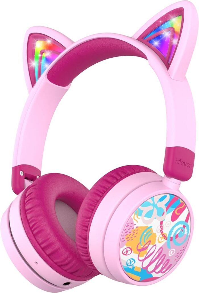 StayPowered Bluetooth Hoofdtelefoon voor Kinderen - Veilig Geluid & LED Kattenoren - 60 Uur Speeltijd - Bluetooth 5.3 - USB-C Snelladen - Ingebouwde Microfoon - Kindvriendelijk & Opvouwbaar - Roze - Levering Sneller dan Aangegeven!