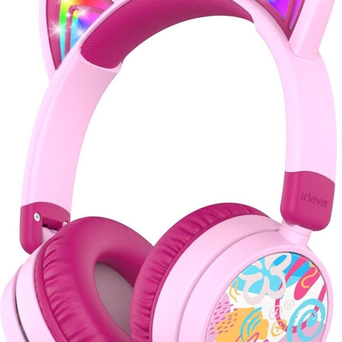 StayPowered Bluetooth Hoofdtelefoon voor Kinderen - Veilig Geluid & LED Kattenoren - 60 Uur Speeltijd - Bluetooth 5.3 - USB-C Snelladen - Ingebouwde Microfoon - Kindvriendelijk & Opvouwbaar - Roze - Levering Sneller dan Aangegeven!