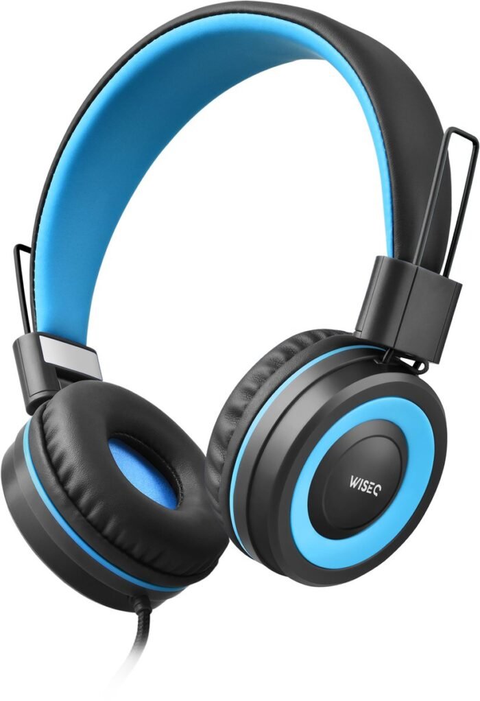 WiseQ - Koptelefoon voor Kinderen– Geluidsdempende Hoofdtelefoon Kind – Verstelbaar - Volumebegrenzer – Microfoon – Met Draad - Zwart-Blauw