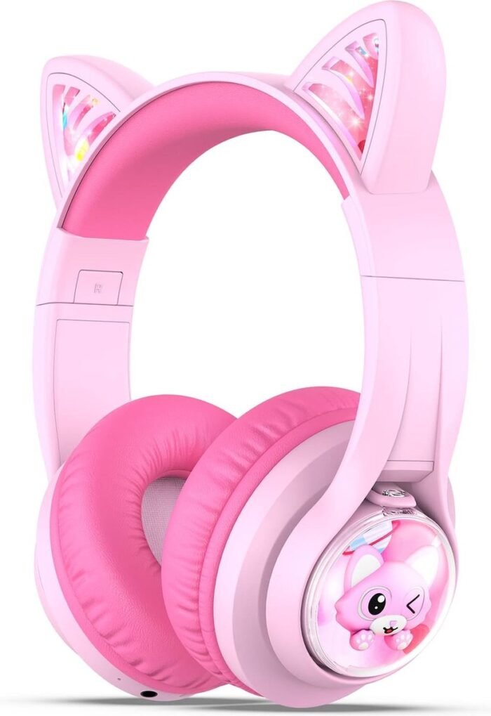 iClever - BTH19 - draadloze kinderkoptelefoon - met katten oortjes & bubble - volumebegrenzing - RGB led lights - microfoon - lange batterijduur (roze)