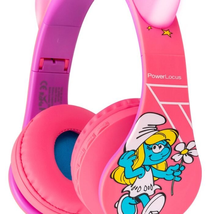 PowerLocus De Smurfen Draadloze Koptelefoon voor Kinderen, LED lampjes, 85/94dB Limiet, met Microfoon, Micro SD poort - Roze/Purper
