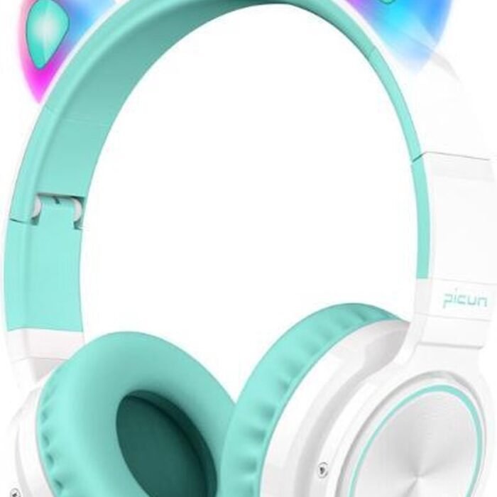 Picun lucky cat - Kinder koptelefoon – draadloze bluetooth koptelefoon – met led katten oortjes – met volume begrenzing - HD-microfoon - munt groen