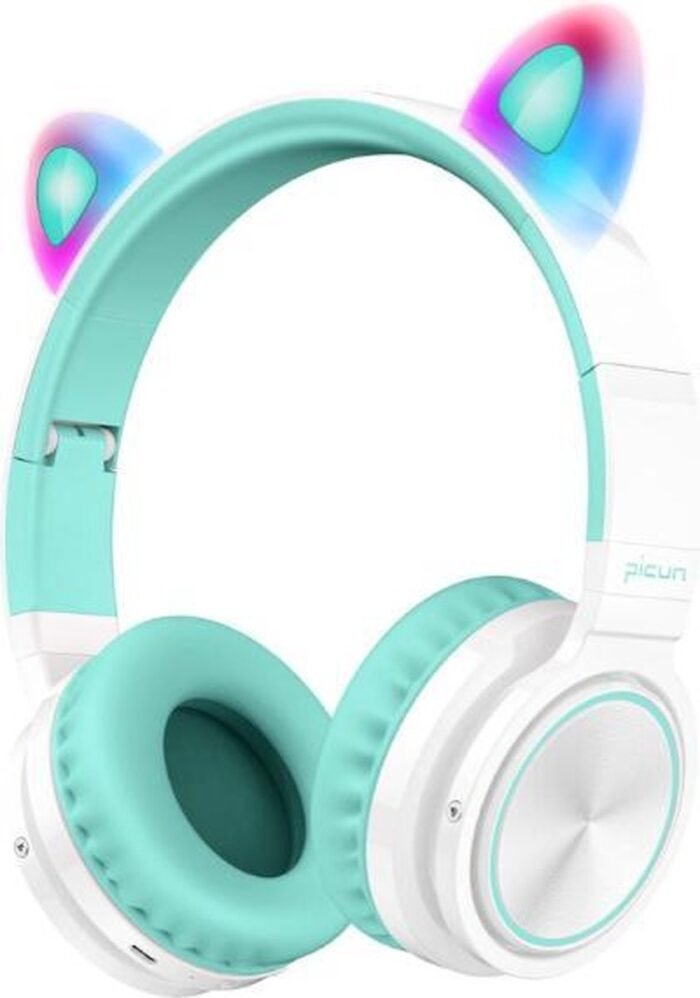 Picun lucky cat - Kinder koptelefoon – draadloze bluetooth koptelefoon – met led katten oortjes – met volume begrenzing - HD-microfoon - munt groen