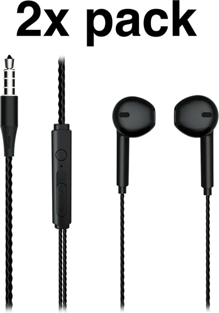 2 x Bedrade oortjes - In Ear Oordopjes - Oortjes met Draad en Microfoon -Extra Bass - 3,5mm Jack Aansluiting - 120cm kabel - Zwart