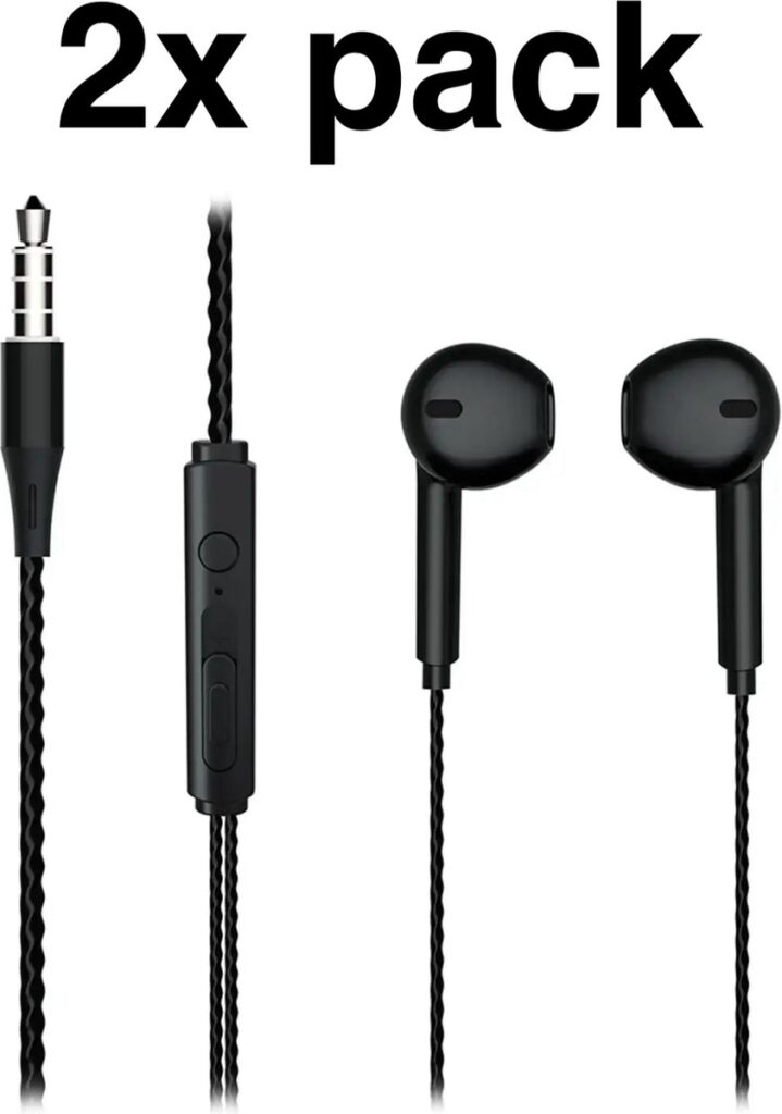 2 x Bedrade oortjes - In Ear Oordopjes - Oortjes met Draad en Microfoon -Extra Bass - 3,5mm Jack Aansluiting - 120cm kabel - Zwart