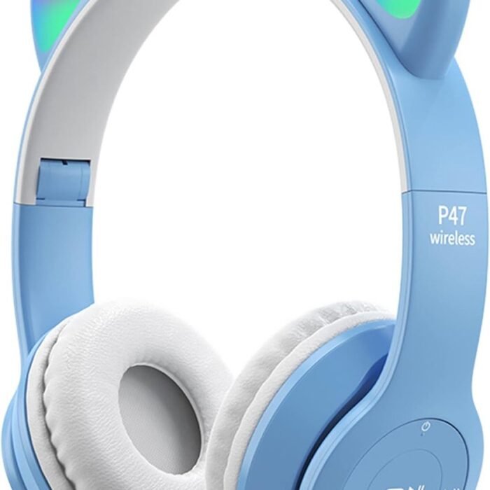StayPowered Kinderhoofdtelefoon - Perfect voor Muziek en Gaming - LED Kattenoren - Draadloos - Verstelbaar en Opvouwbaar - Zachte Oorkussens - Ingebouwde Microfoon - Geschikt voor Kinderen - Blauw/Wit - Levering Sneller dan Aangegeven!