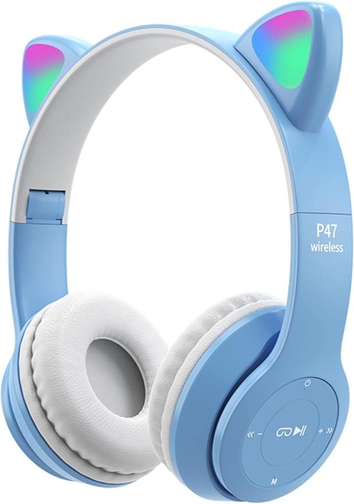 StayPowered Kinderhoofdtelefoon - Perfect voor Muziek en Gaming - LED Kattenoren - Draadloos - Verstelbaar en Opvouwbaar - Zachte Oorkussens - Ingebouwde Microfoon - Geschikt voor Kinderen - Blauw/Wit - Levering Sneller dan Aangegeven!