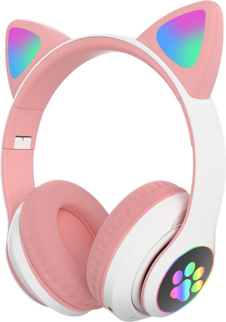 Kinder hoofdtelefoon - cat headphones| Draadloze koptelefoon Bluetooth met led kattenoortjes roze | Koptelefoon voor Kinderen - Met Led Kat Oortjes | met verlichting poot